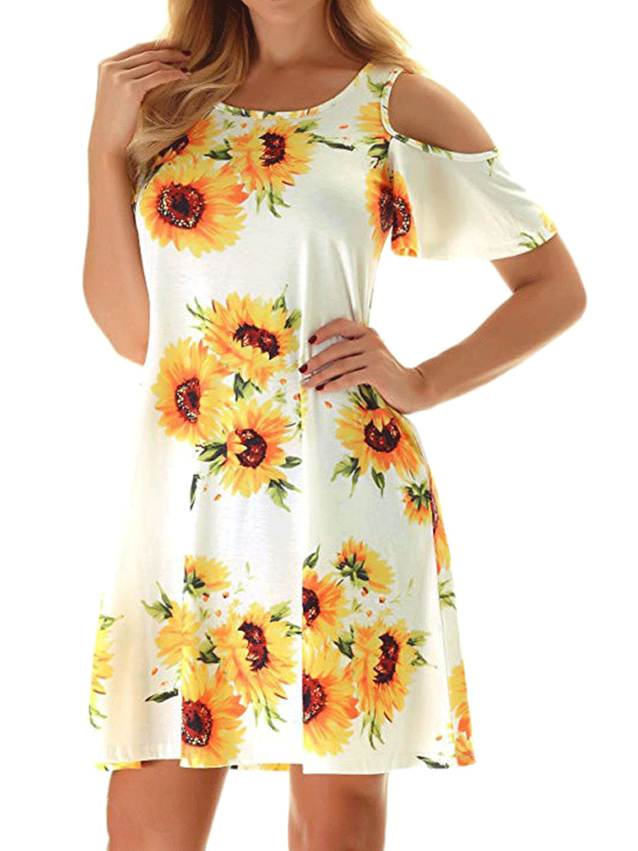 Sunflower Print Miss Shoulder Dress