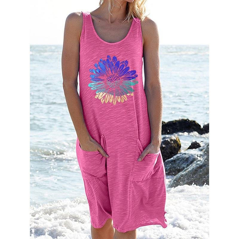 Printed Sleeveless Knit Casual Long Dress