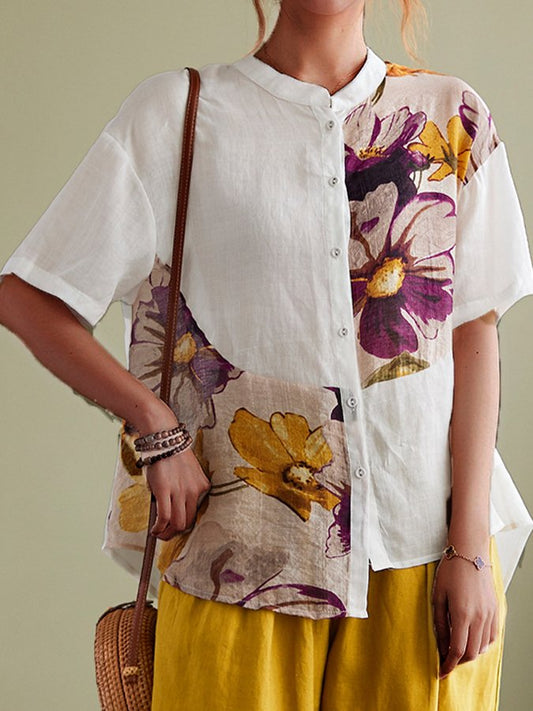 Women's Cotton Linen Print Stitched Shirt