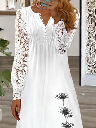 Floral Casual V-Neck Lace Loose Dress