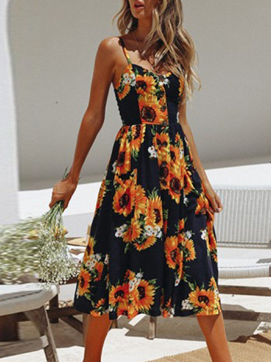 Sunflower Button Pocket Sling Floral Dresses