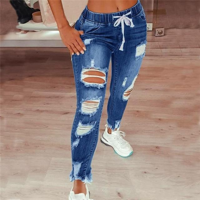 Women Ripped Hole Stretch Slim Pencil Jeans