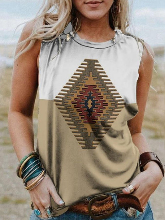 Western Colorblock Print Tank Top