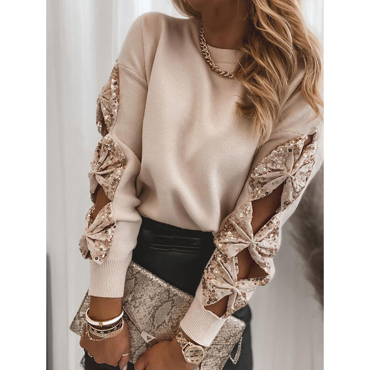 Sequin Bowknot Cut-out Long Sleeve Sweater