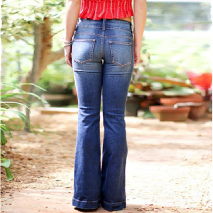 Mid Waist Casual Button Bell-bottom Jeans