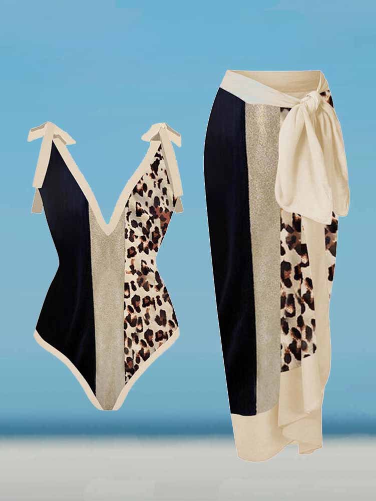 Vintage V-Neck Leopard Colorblock Print One-Piece Swimsuit