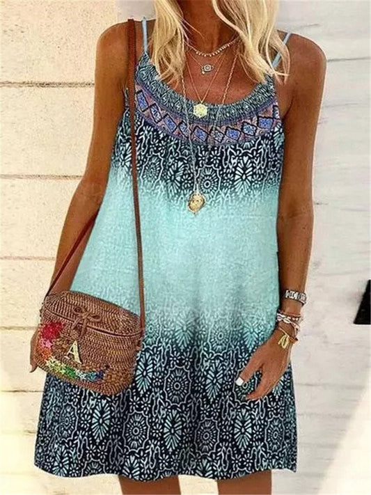 Vintage Bohemian Geometric Spaghetti Strap Mini Dress