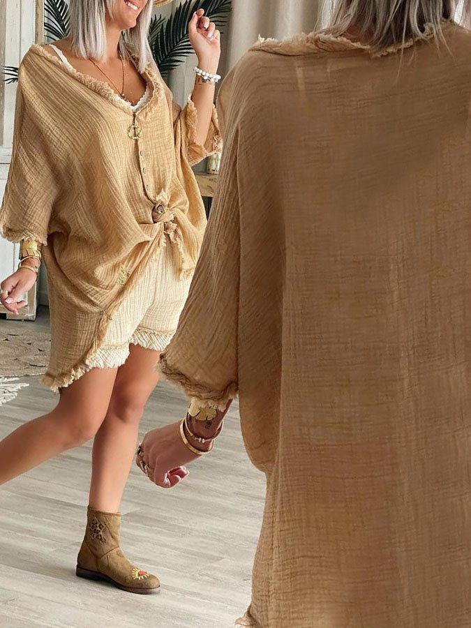 Solid Color Casual Cotton And Linen Two-Piece Suit