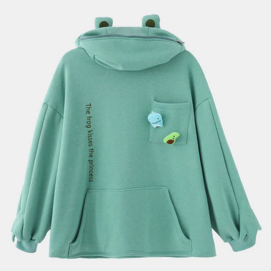 Frog Letter Zipper Pocket Oversized Hoodie THE FROG KISSES THE PRINCESS - Modakawa Modakawa