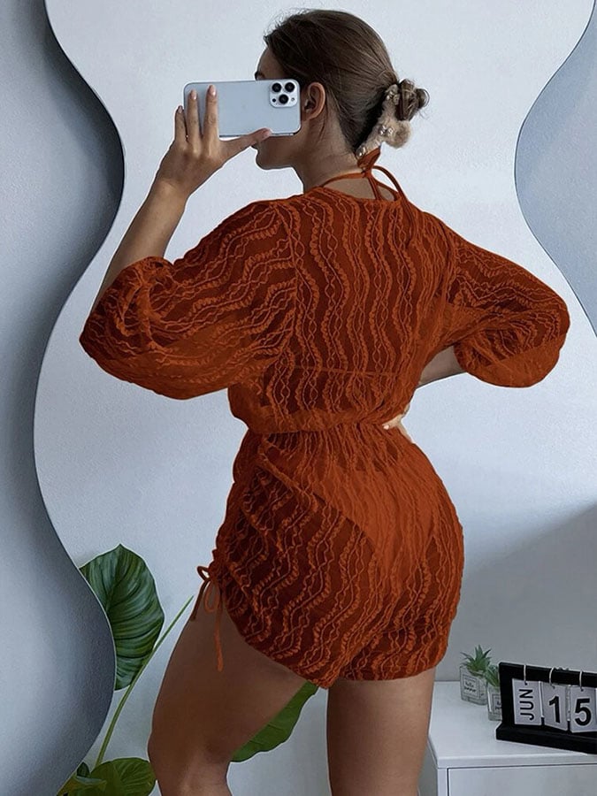 Sexy mesh waist drawstring sunscreen blouse 3-piece bikini