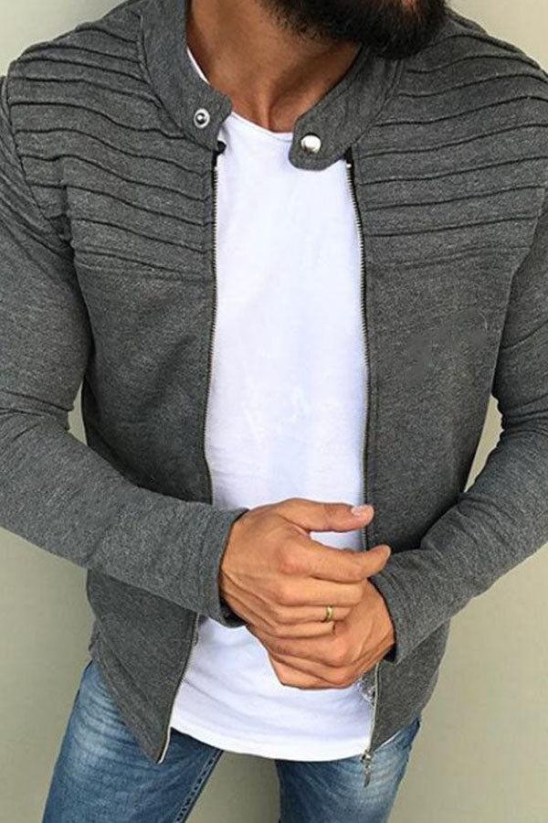 Men's Solid Color Striped Pleated Stitching Jacket