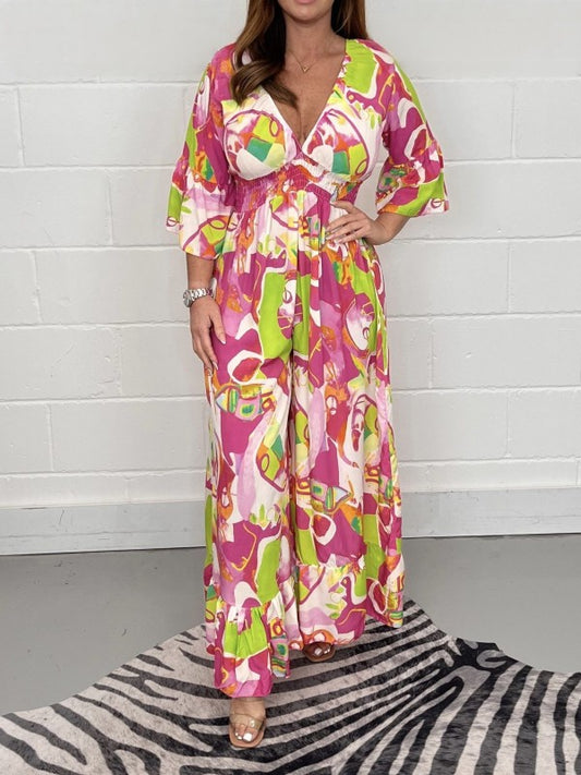 Retro Floral Printed Wide Leg Jumpsuit