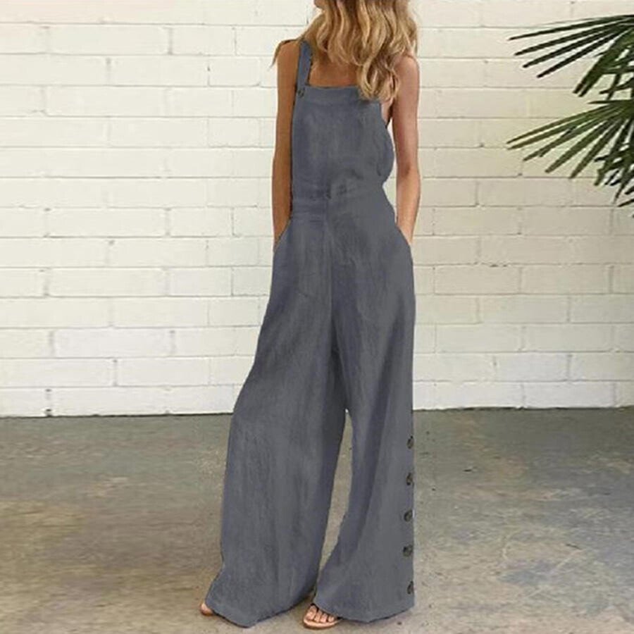 Women Cotton Sleeveless Vintage Wide-Leg Jumpsuit With Side Pockets