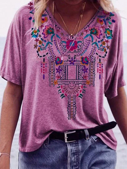 Ladies Spring/Summer V-Neck Ethnic Print Short Sleeve T-Shirt