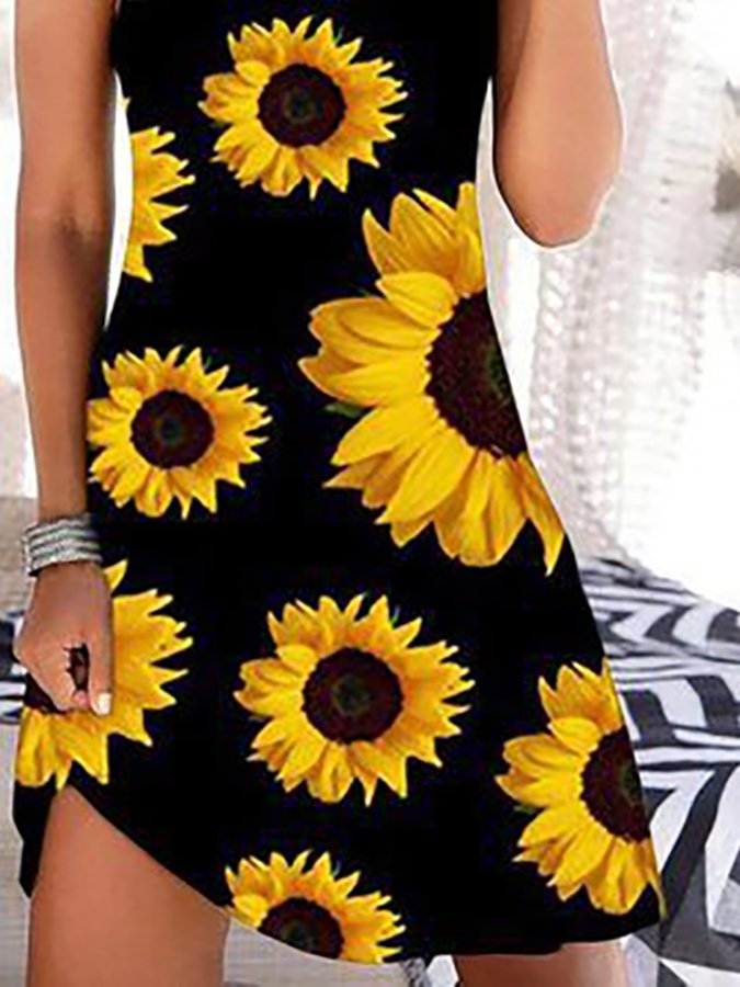 Sunflower Print Sleeveless Resort Dress