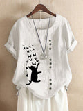 Cat Fluttering Butterfly Print Cotton And Linen Shirt
