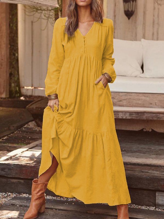 Women's Vintage Cotton Linen Long Sleeve Dress