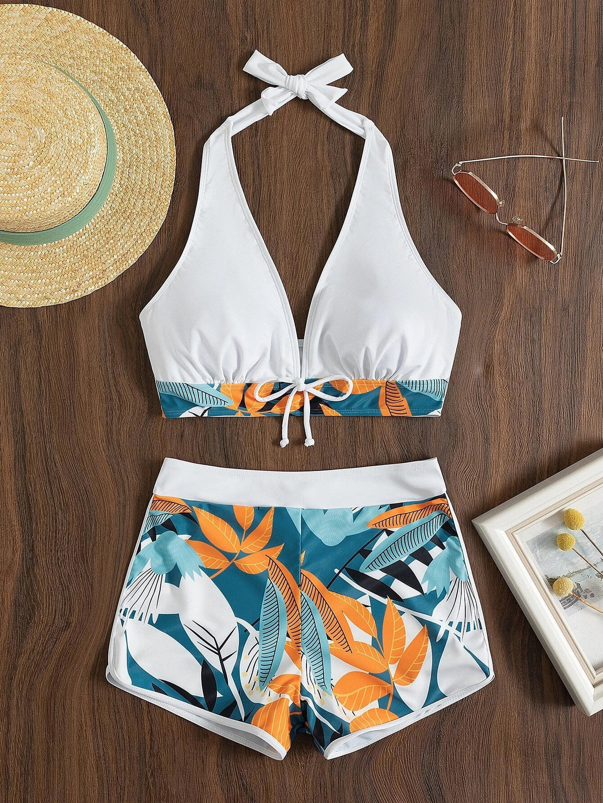 Women's Floral Print Stitching Split High Waist Swimsuit Set