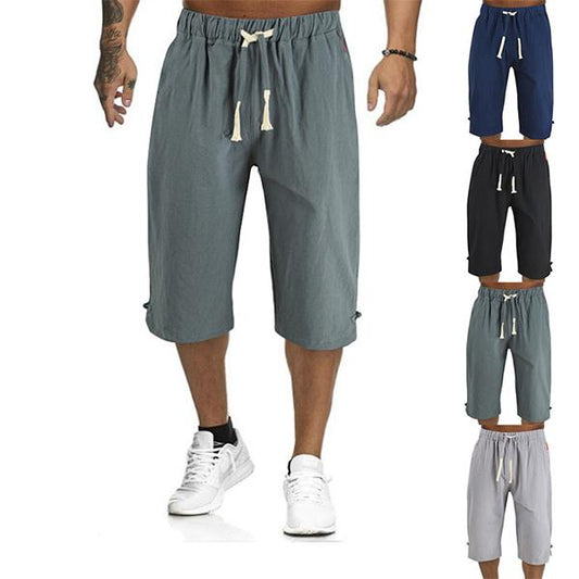 2022Men's Summer Plain Casual Cotton And Linen Cropped Trousers.Loose fitting and breathable