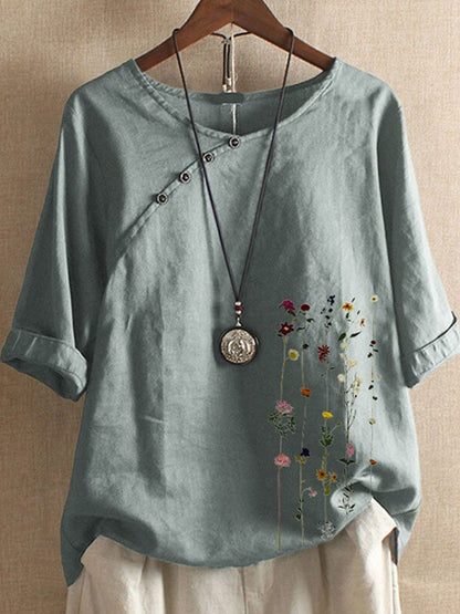 Cotton Linen Button Short Sleeve Top