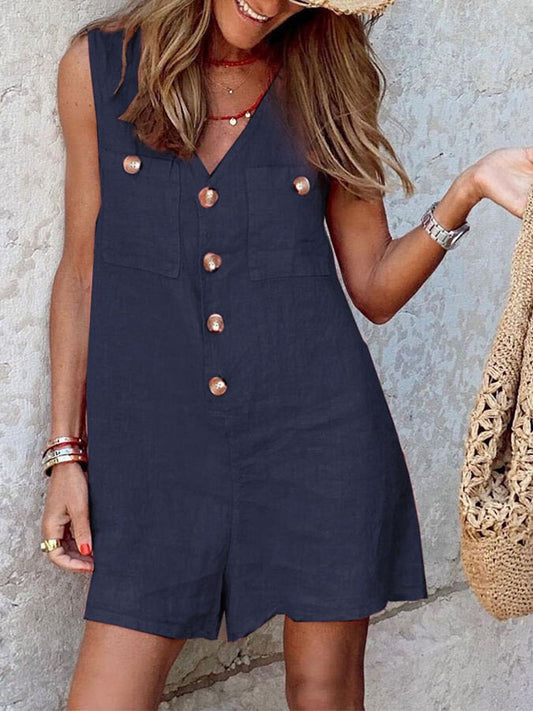 Ladies Cotton Linen V-Neck Button Patch Pocket Jumpsuit