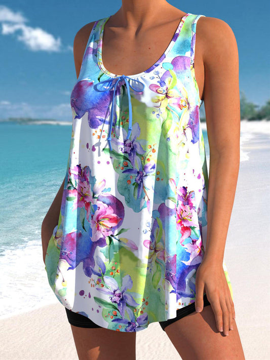 Bowknot Floral Print Wide Strap Tankini Top Set