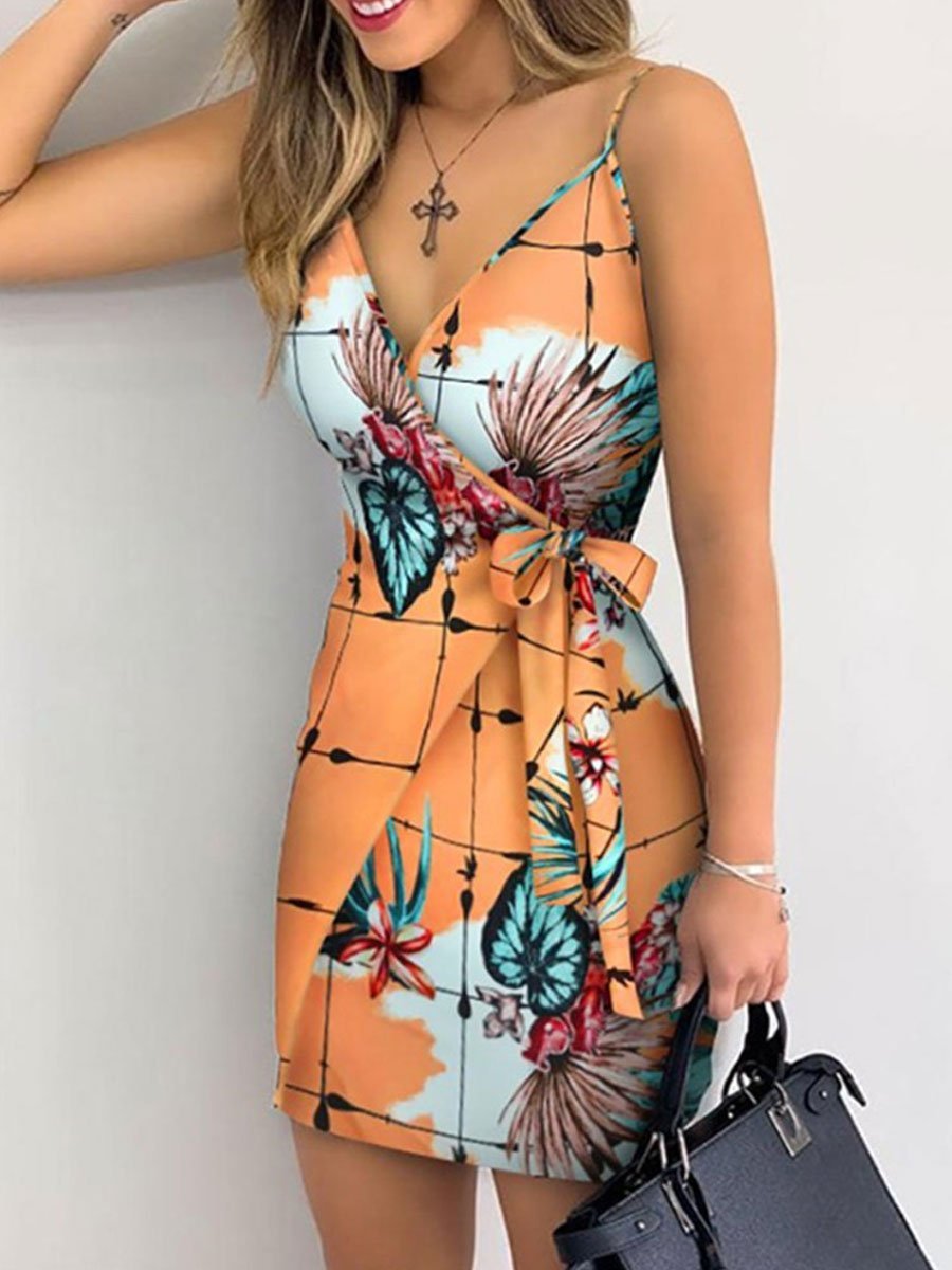 V-neck Print Lace-up Casual Dress