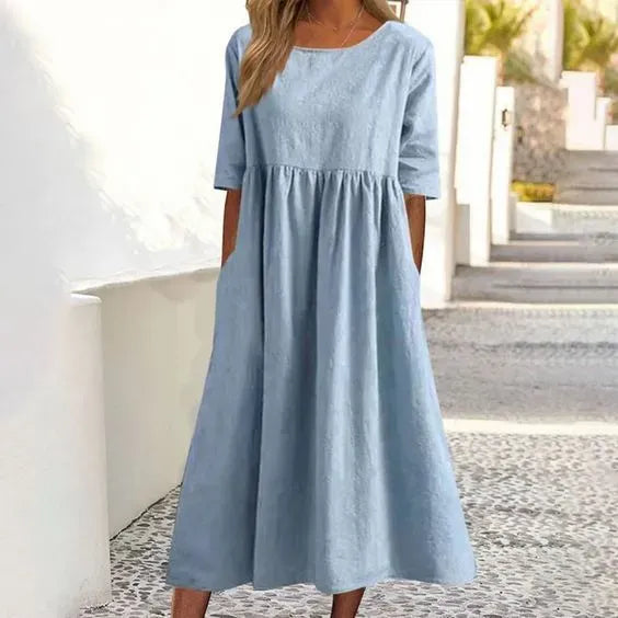 Mother's Day Sale - 50% OFF-Women's Casual Basic Outdoor Crew Neck Pocket Smocked Cotton Dress