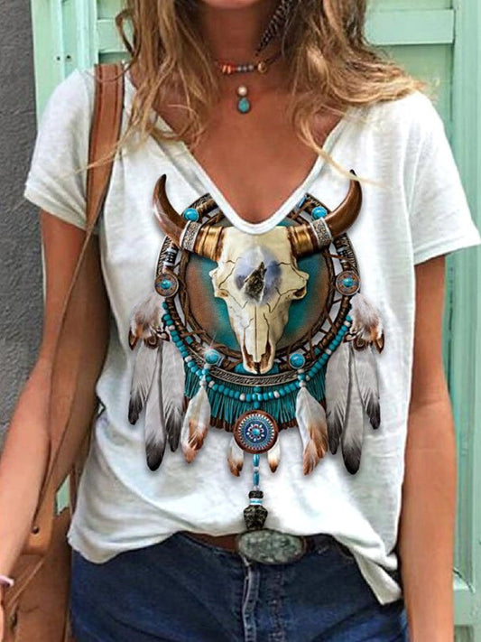 V-Neck Ethnic Print Short Sleeve T-Shirt