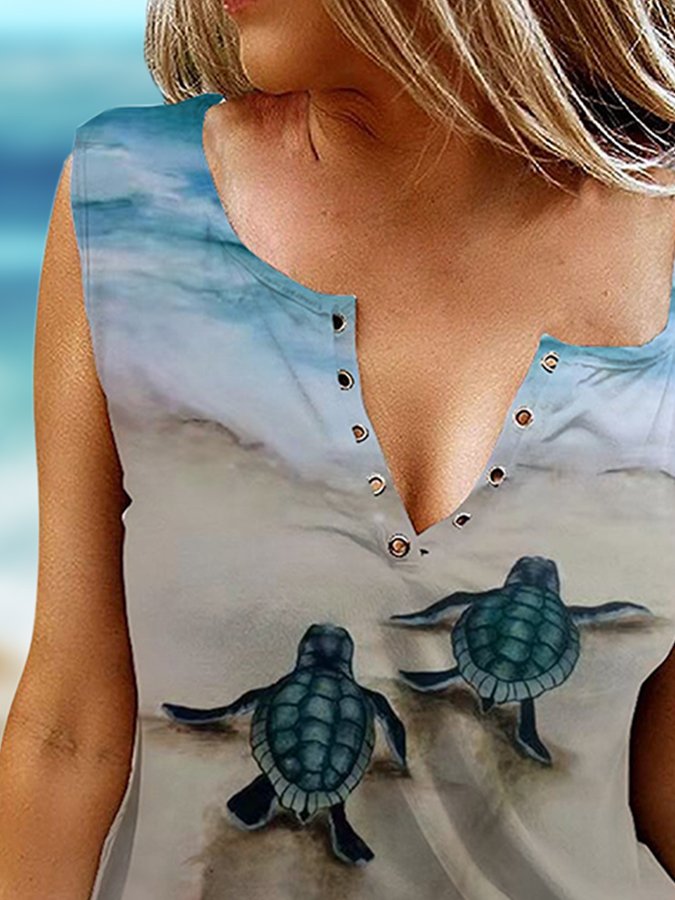 Turtle Print V-Neck Sleeveless Tank Top