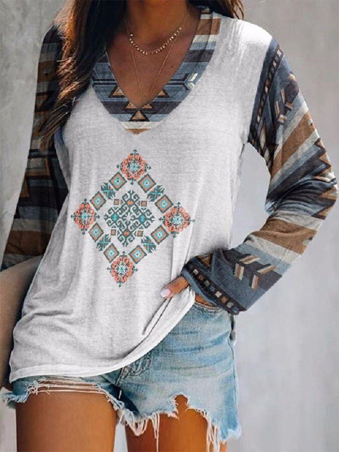 Vintage Geometric Print V-Neck Top