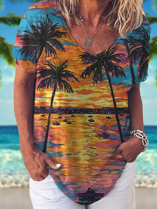 V-Neck Palm Tree Print Short Sleeve T-Shirt