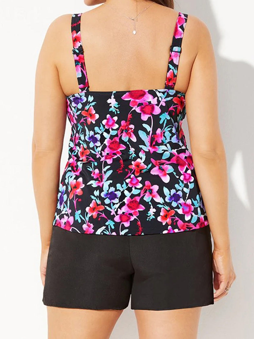 Floral Print Babydoll Top & Shorts Swim Tankini Set