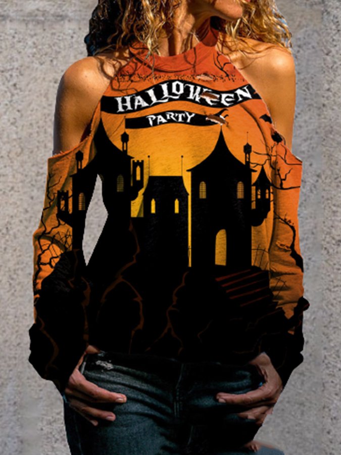 Halloween Off-The-Shoulder Print Shirt