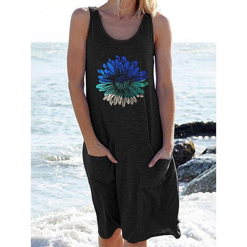 Printed Sleeveless Knit Casual Long Dress