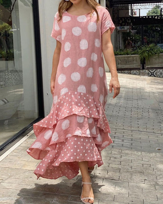 Short Sleeve Round Neck Polka Dot Long Dress