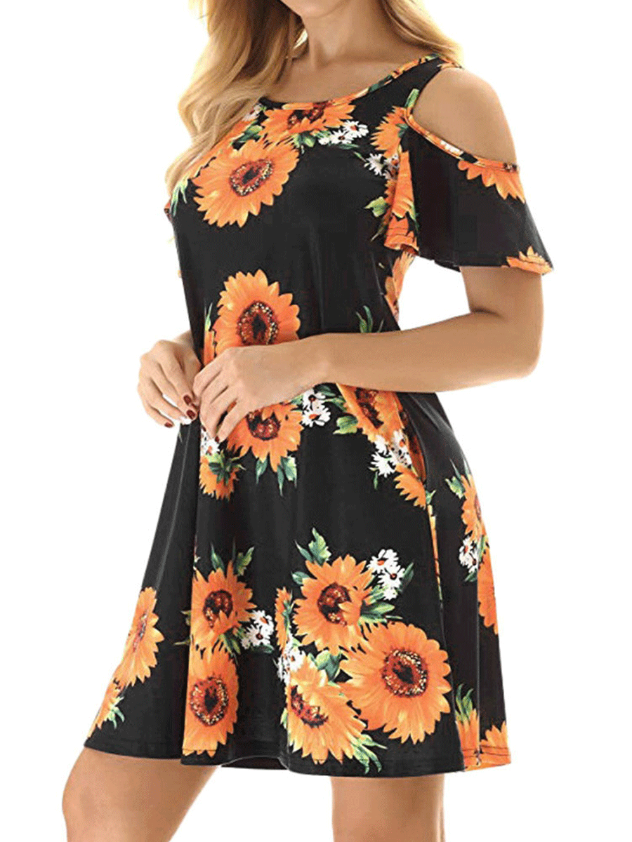 Sunflower Print Miss Shoulder Dress