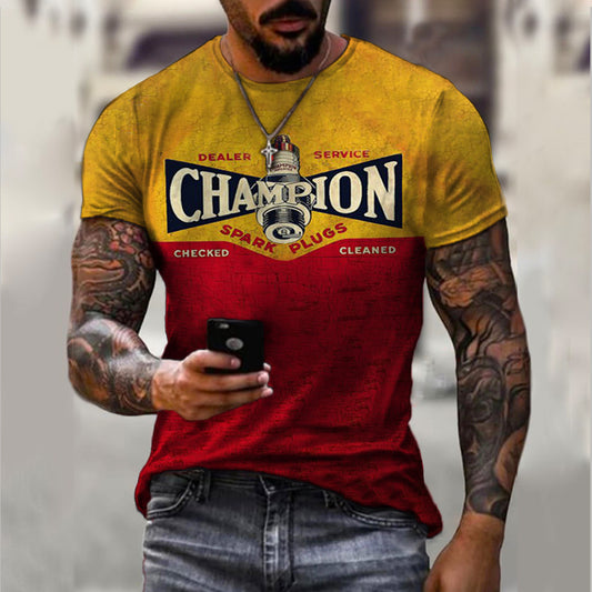 Men's retro motorcycle accessories printed T-shirt