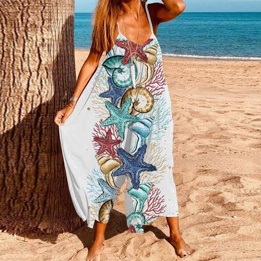 Women's Plus Size Resort Style Starfish Print Sleeveless Jumpsuit