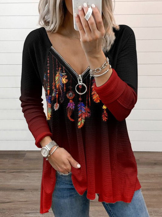 Women's Vintage Feather Print Long Sleeve T-Shirt