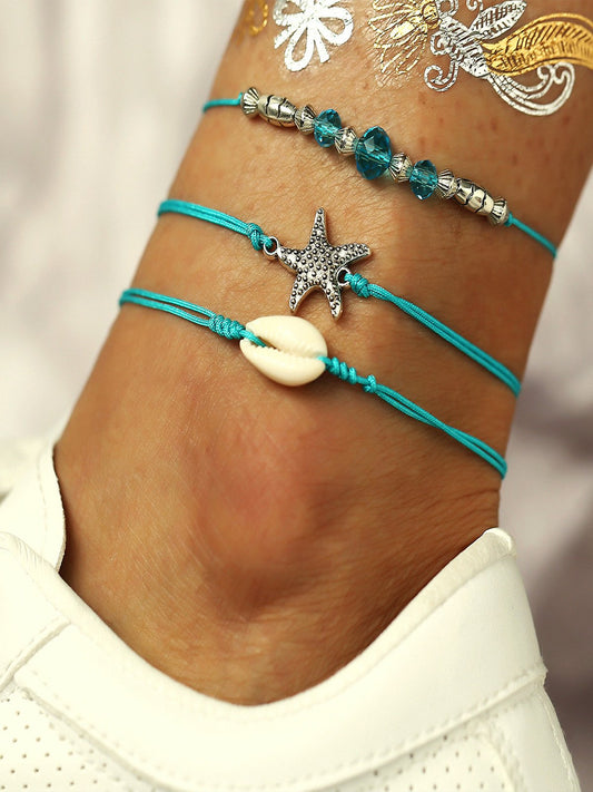 Bohemian Starfish Shell Blue Bead Anklet Set of Three