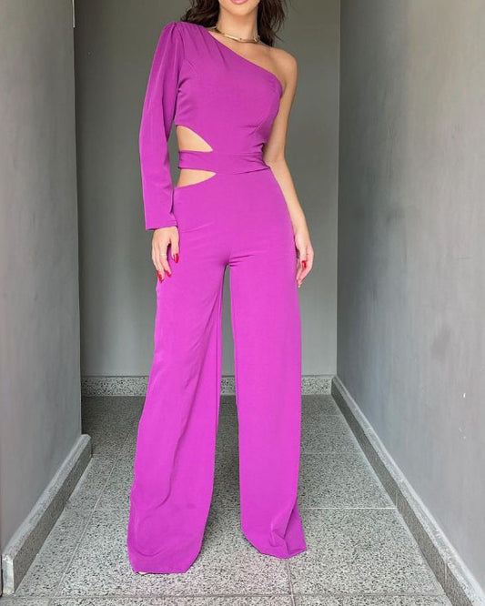 One-shoulder solid color cutout jumpsuit