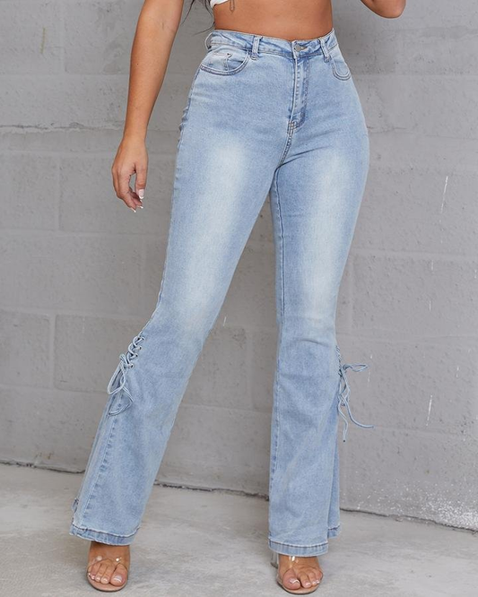 Plus Lace Up Side Pleated Flare Jeans