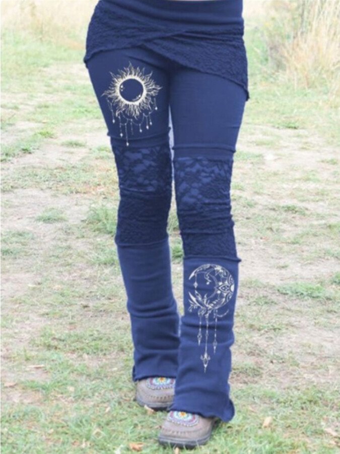 Women's retro lace print patchwork stretch leggings