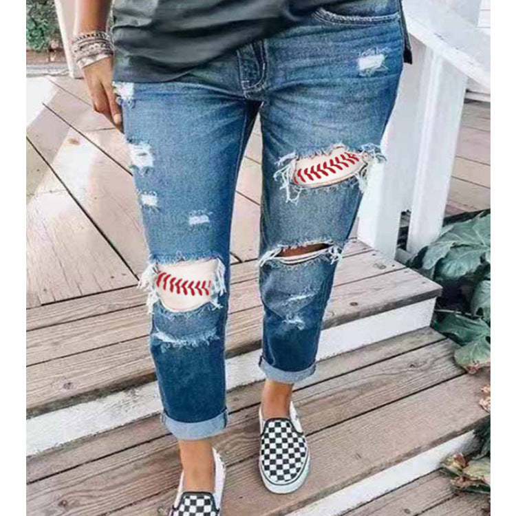 Baseball Stitching Printed Casual Jeans