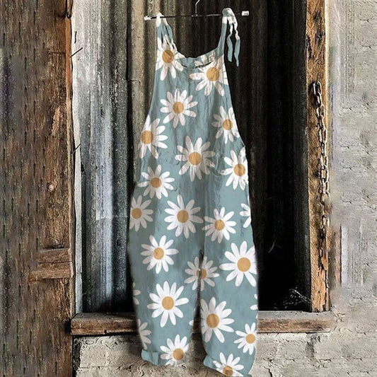 Ladies Casual Daisy Print Cotton Linen Jumpsuit