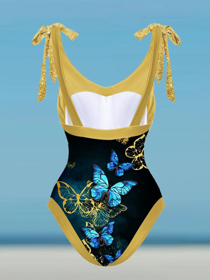 Vintage V-Neck Butterfly Colorblock Print One Piece Swimsuit Set