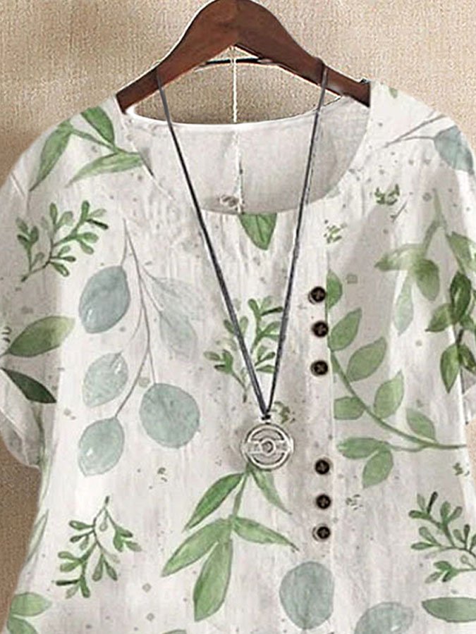 Floral Print Cotton And Linen T-Shirt