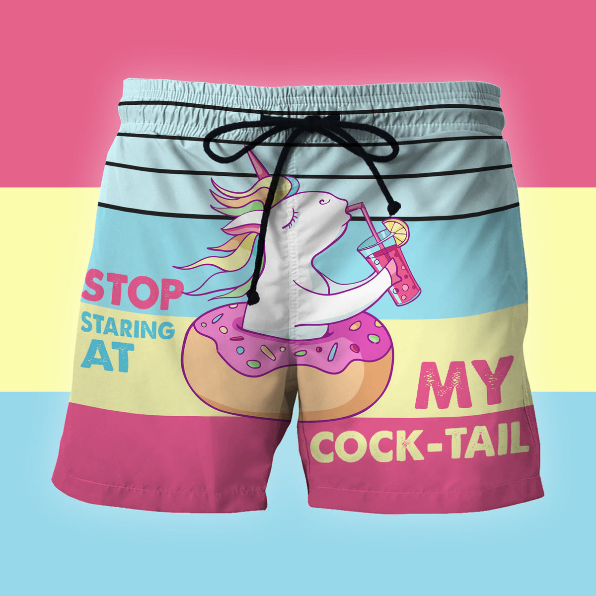 Unicorn Stop Staring At My Cock-Tail Custom Beach Shorts - Swim Trunks