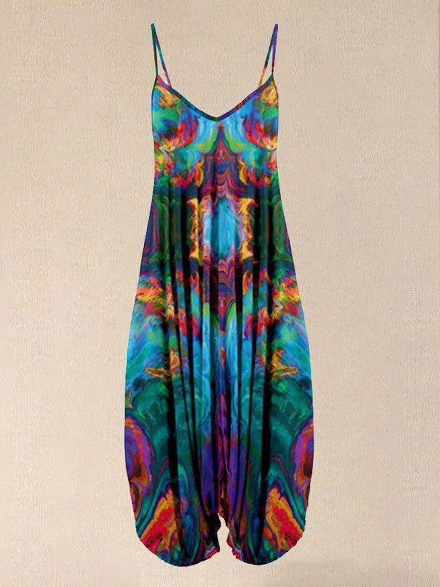 2021 Hot Sale Women Turquoise & Red Abstract Sleeveless Harem Jumpsuit